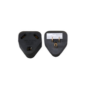 A black 15 amp male to 30 amp female power adapter with gold-colored metal pins showing the front and back