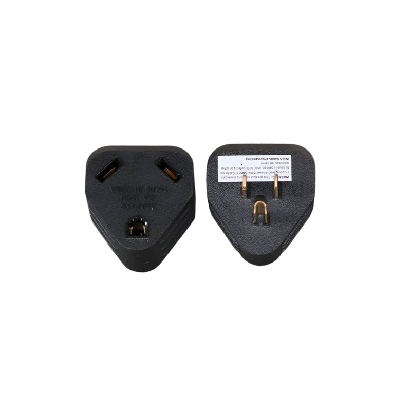 A black 15 amp male to 30 amp female power adapter with gold-colored metal pins showing the front and back