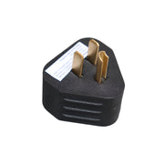 A black 15 amp male to 30 amp female power adapter with gold-colored metal pins.