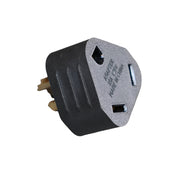 A black 15 amp male to 30 amp female power adapter with gold-colored metal pins shown from the side