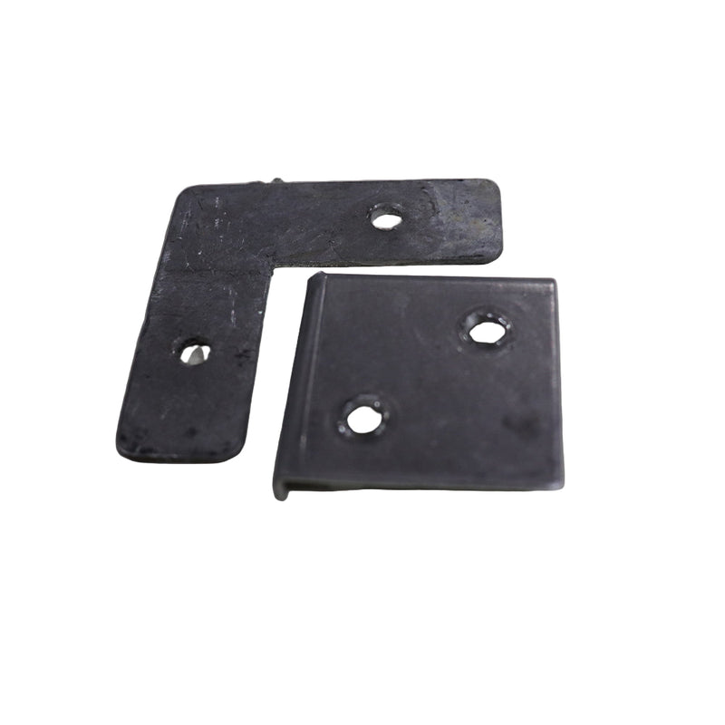 Two black metal brackets used to close the top deck corners on a white background