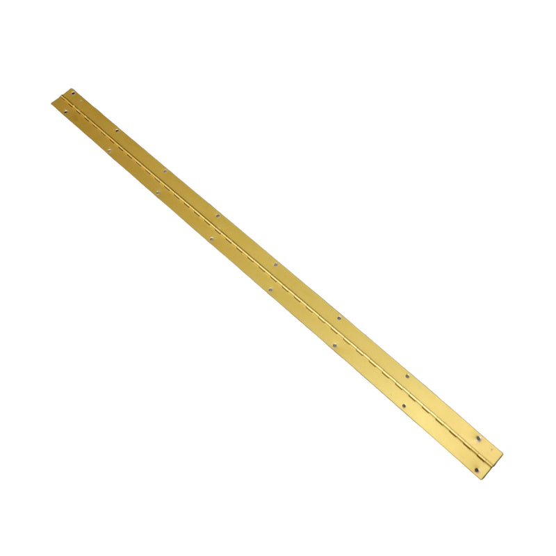 Long brass hinge for a camper on a white background