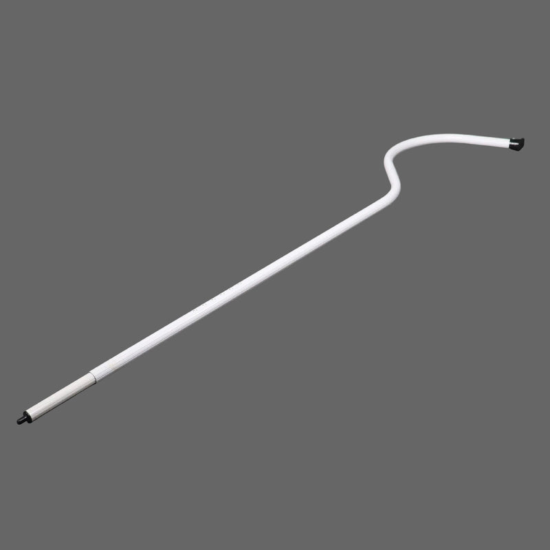 A white tent pole with a duck bill end, designed to support a tent bed bow, displayed on a grey background.