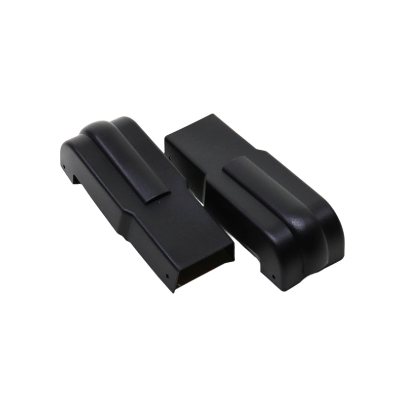 Two black bumper caps designed for attachment to the rear bumper of a camper or similar vehicle.