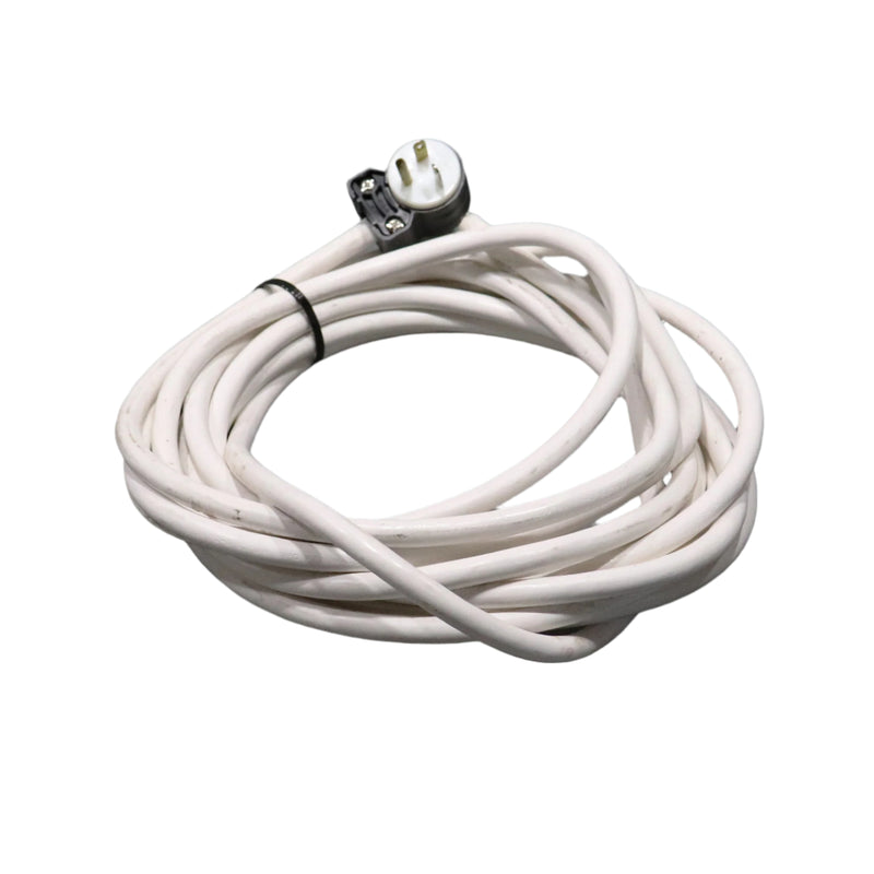 A white power cord for an air conditioner with a 20 amp plug.