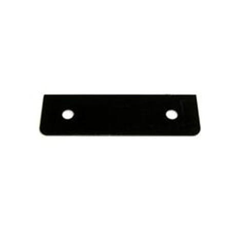 A black metal pulley plate with two holes, used for routing block assembly.