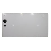 A white metal side panel for a vehicle, with two holes for mounting or attachment.