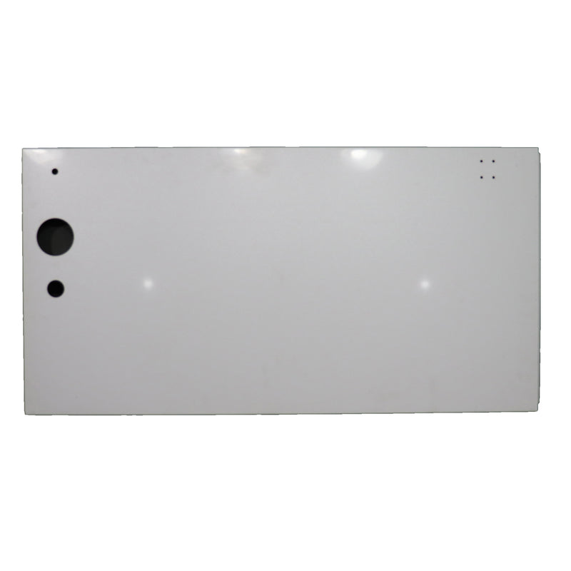 A white metal side panel for a vehicle, with two holes for mounting or attachment.