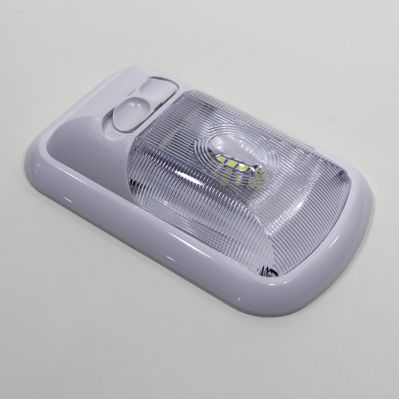 Bright white LED ceiling light with an on/off switch, showcasing a sleek, compact design with a clear, optic snap-in lens shown from the side
