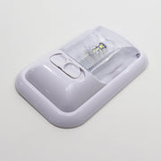 Bright white LED ceiling light with an on/off switch, showcasing a sleek, compact design with a clear, optic snap-in lens shown from the side