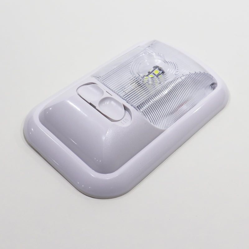 Bright white LED ceiling light with an on/off switch, showcasing a sleek, compact design with a clear, optic snap-in lens shown from the side