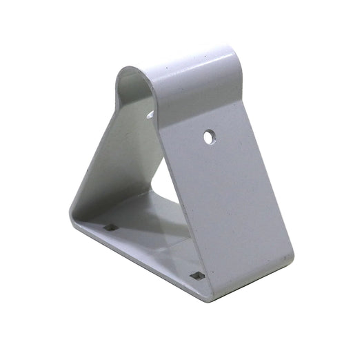 A white metal roof rack riser designed to hold crossbars, with square lower mounting holes.