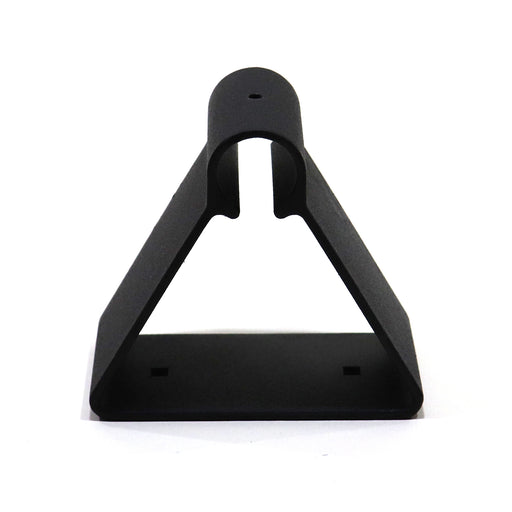 A black roof rack riser designed to hold crossbars, with square lower mounting holes for carriage bolts shown from the side