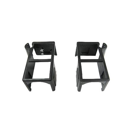 Two black plastic Dometic Trimline awning end caps placed against a white background