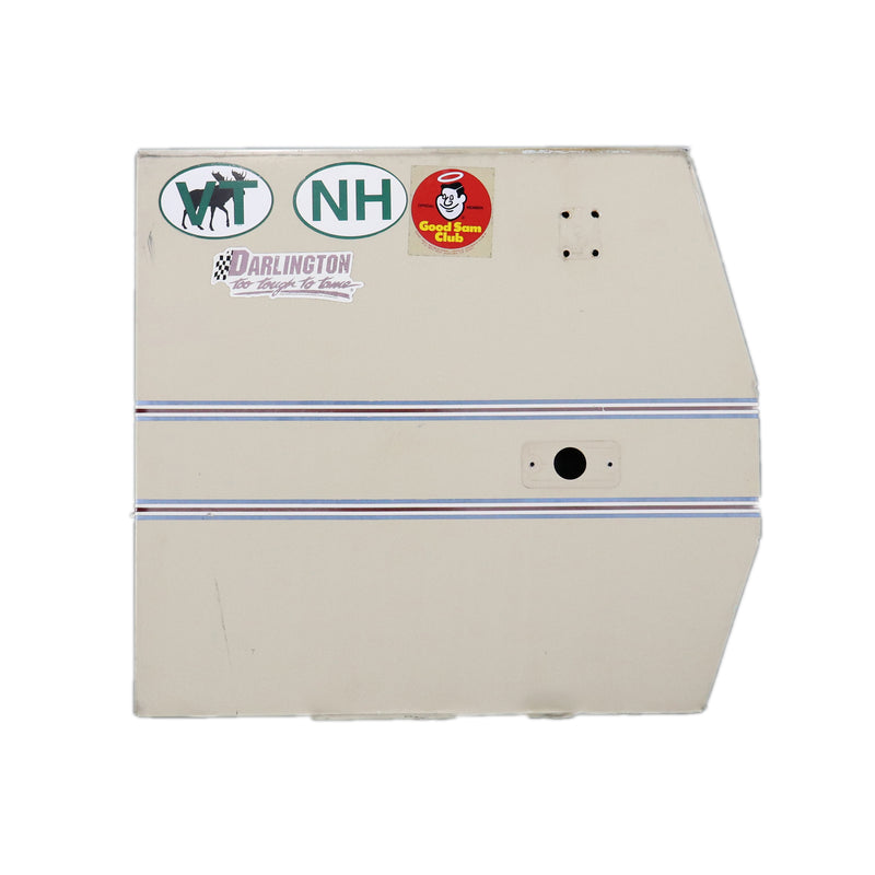 Used metal side panel from a 1990 Newport Pioneer, with stickers and branding visible.