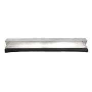 A metal door threshold with a black rubber sweep at the bottom, intended for use with a screen door.