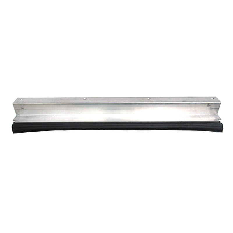 A metal door threshold with a black rubber sweep at the bottom, intended for use with a screen door.