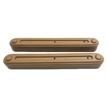 Two brown metal chain cover guards for a galley sink lift system.