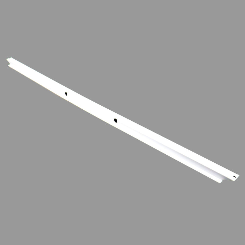 A white metal brace designed for use on campers, with cut-outs for wiring and mounting.