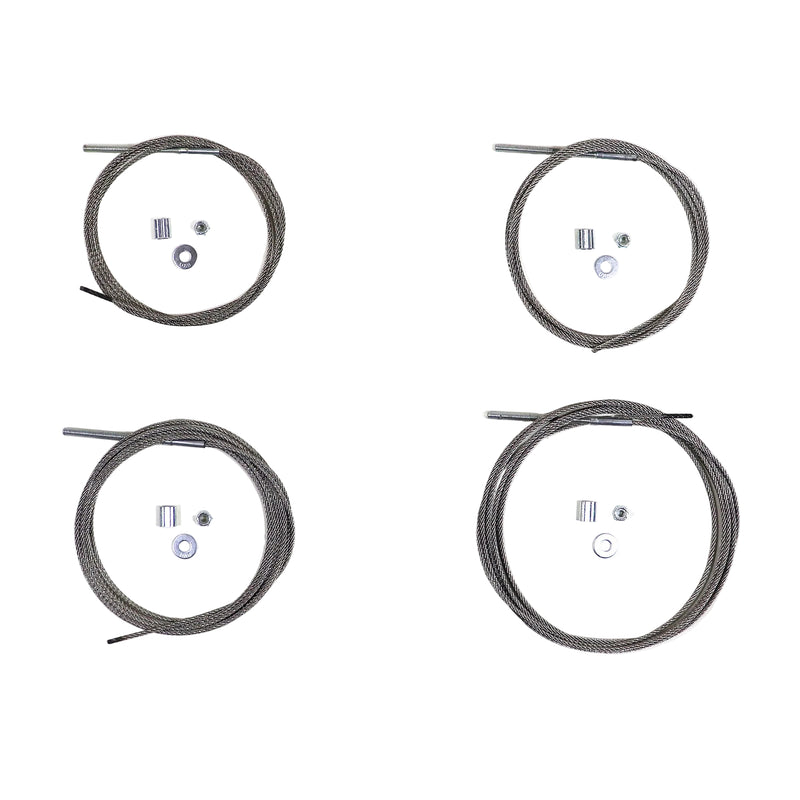 Four coiled metal cables with associated installation hardware displayed against a white background.