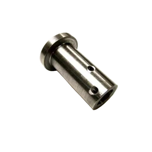 A metal thrust nut with two holes, typically used in a crank assembly for pop up campers.