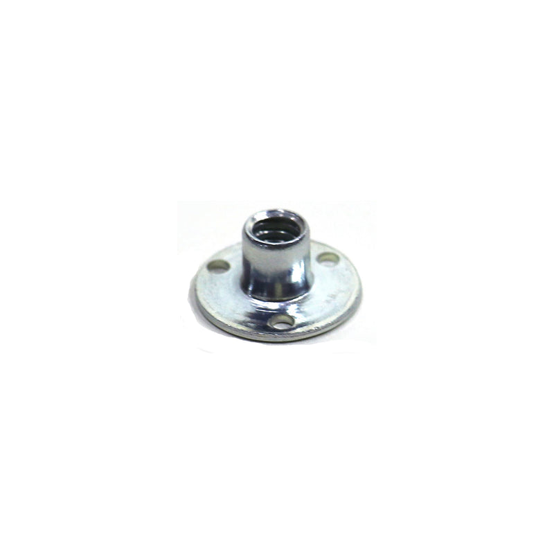 A silver-colored metal rivet nut used in stepper doors, showing a circular base with three holes and a central cylindrical rivet.
