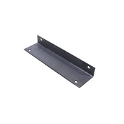 A black metal angle bracket with two holes, viewed from an angle against a white background.