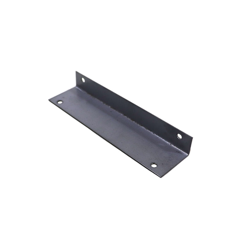 A black metal angle bracket with two holes, viewed from an angle against a white background.