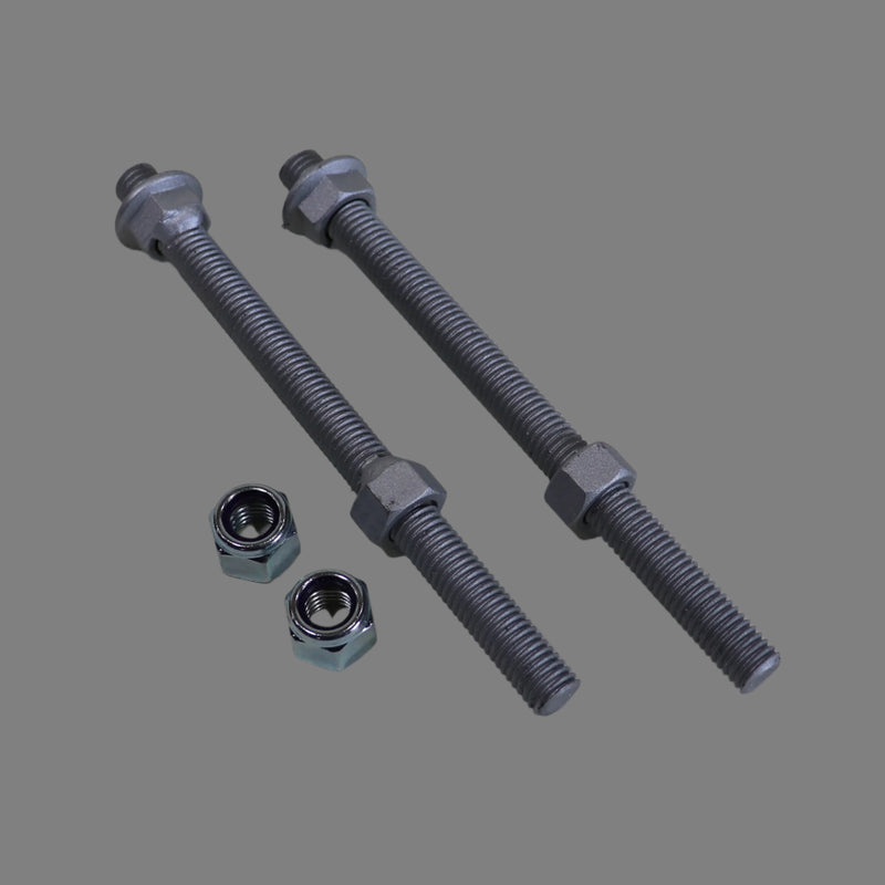 Two long bolts with nuts designed to mount spare tires on the backs of campers displayed against a neutral background.