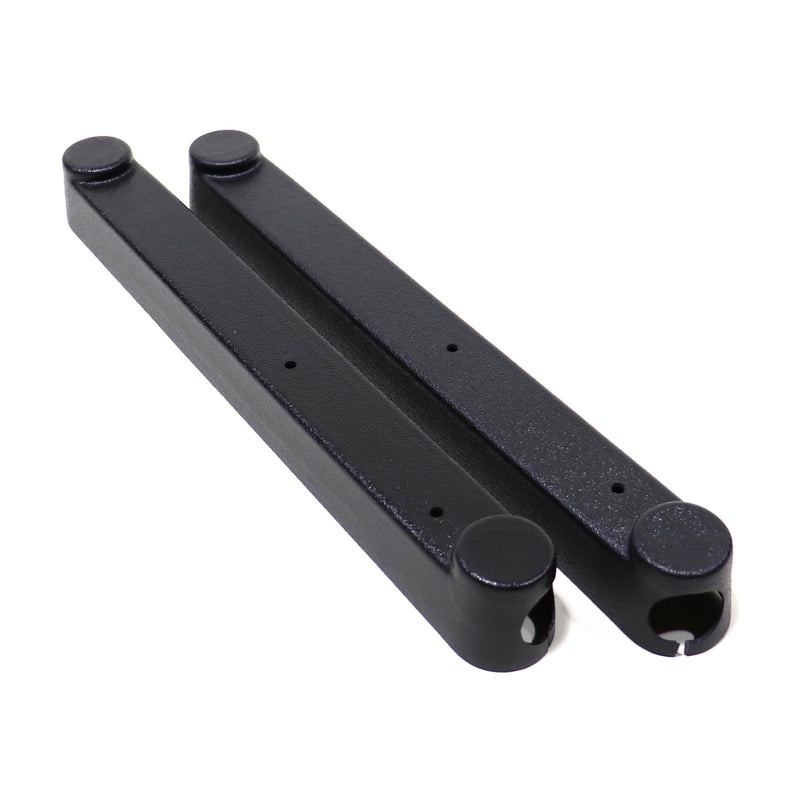 Two black metal guards for galley sink lift systems, viewed from an angle that highlights their length and the mounting screw holes.