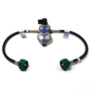 An automatic changeover LP gas kit consisting of a regulator with attached hoses and acme nuts, designed for use with pop-ups.