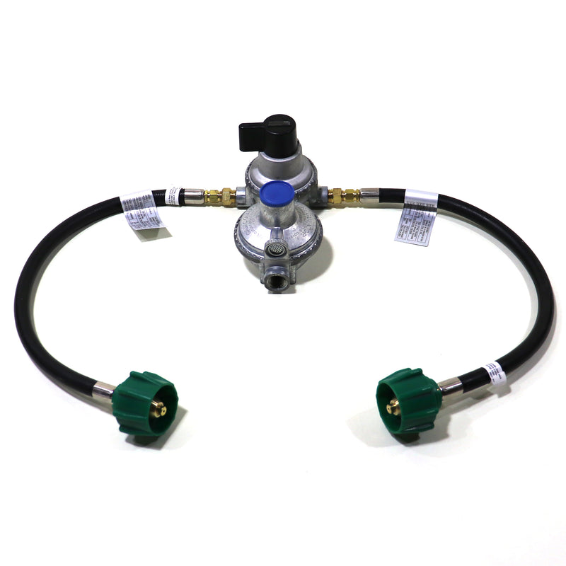 An automatic changeover LP gas kit consisting of a regulator with attached hoses and acme nuts, designed for use with pop-ups.