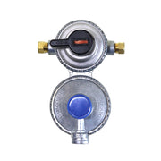 Low pressure automatic changeover regulator with rear vent, metal construction, with blue and red knobs.