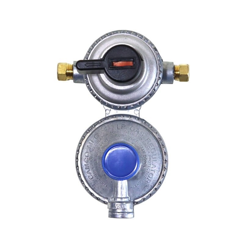 Low pressure automatic changeover regulator with rear vent, metal construction, with blue and red knobs.