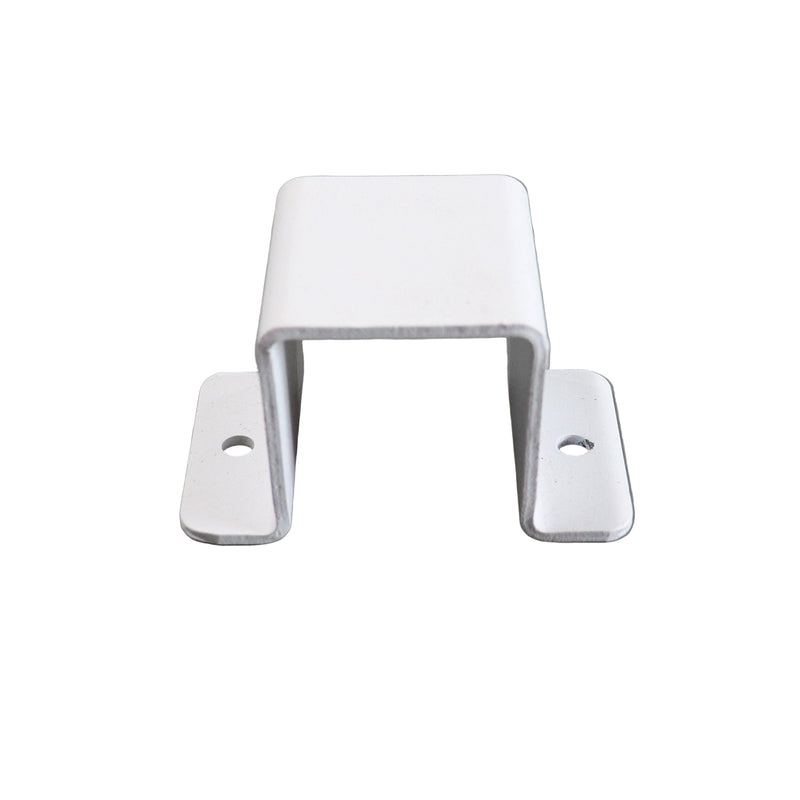 A white metal bracket with two holes for mounting, designed for use with ABS roof braces.