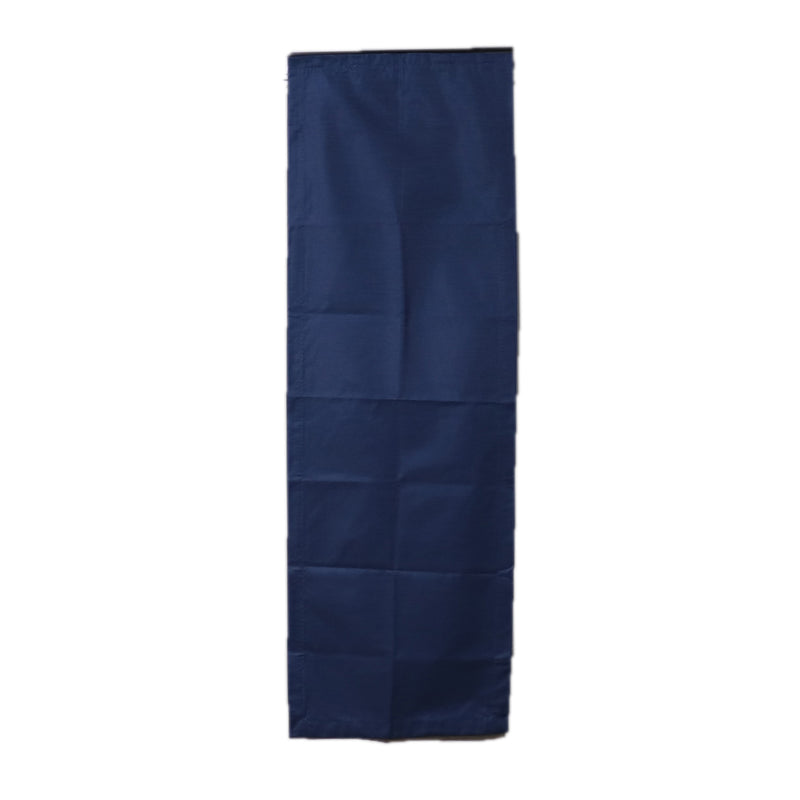 A blue curtain panel hanging against a white background, with visible pleats.