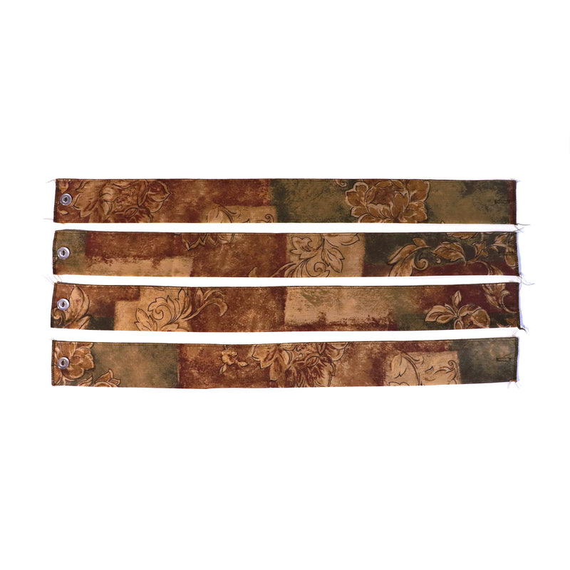 A set of four curtain ties with a floral pattern in beige, brown, and green colors, secured with buttons.