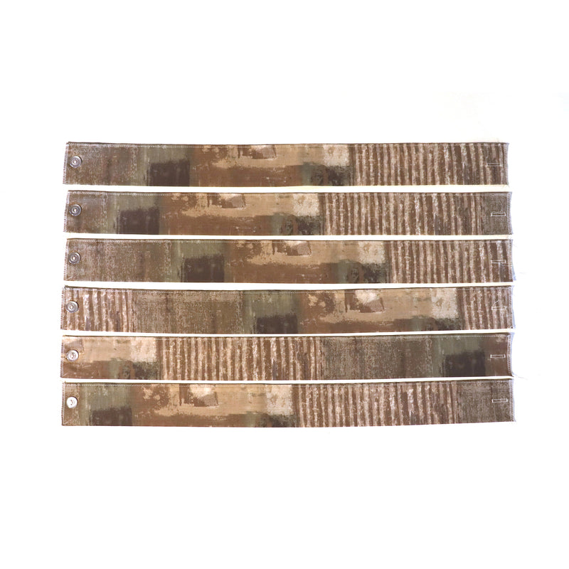 A set of six brown curtain ties with a camouflage pattern, designed to wrap around and secure curtain panels.