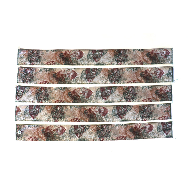 A set of five curtain ties with a floral pattern in red, brown, and beige colors, laid out on a flat surface.