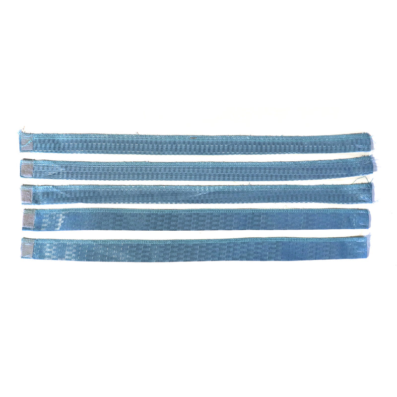 A set of five blue curtain ties laid out in a row.