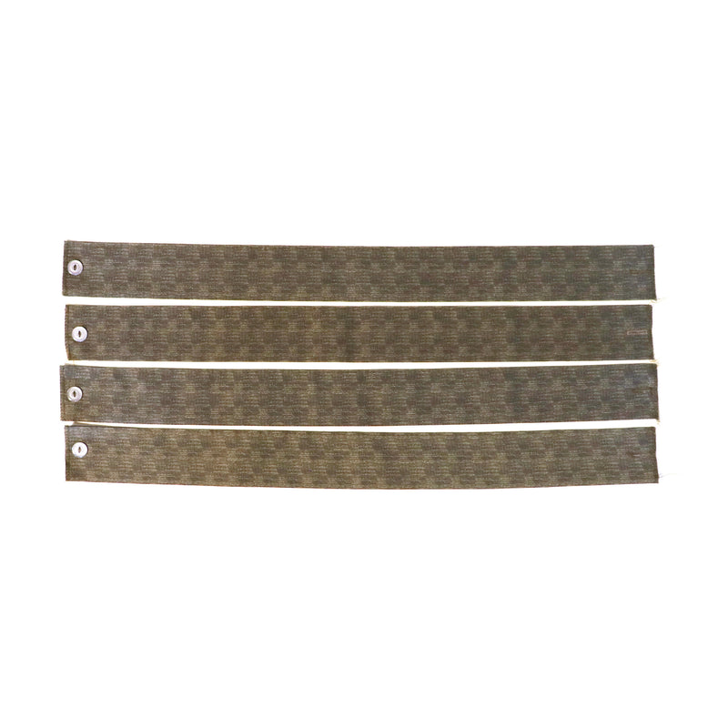 A set of five brown curtain ties with button attachments, laid out in a row.