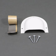 A white shower vent component along with butyl tape and screws, placed on a grey surface.