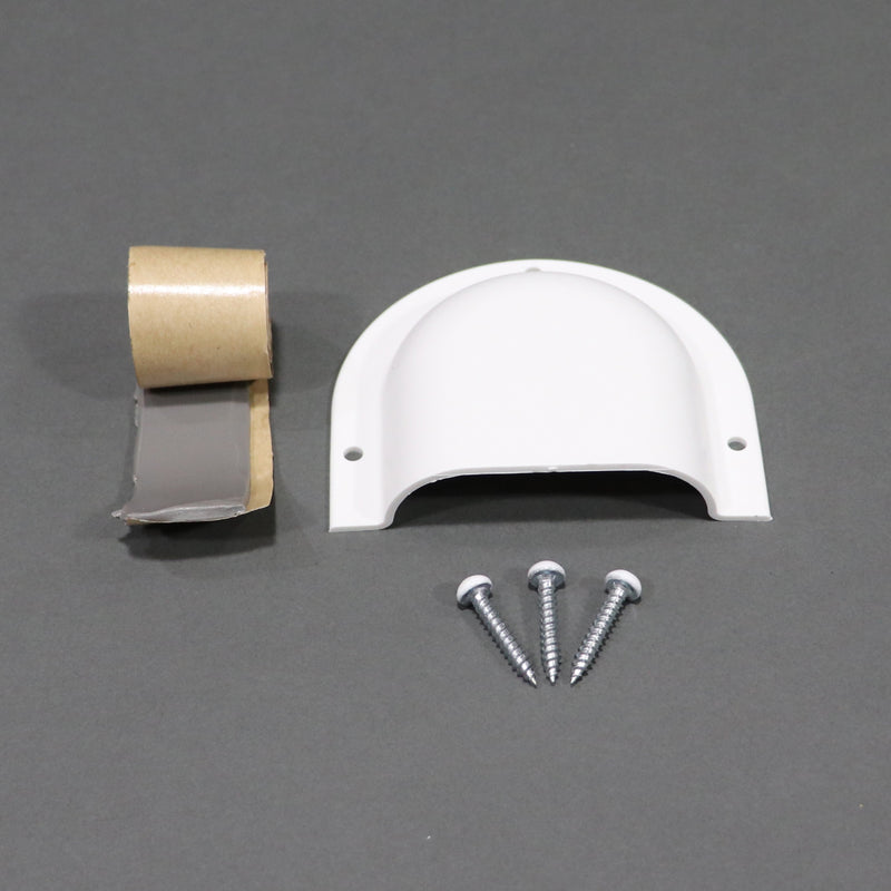A white shower vent component along with butyl tape and screws, placed on a grey surface.
