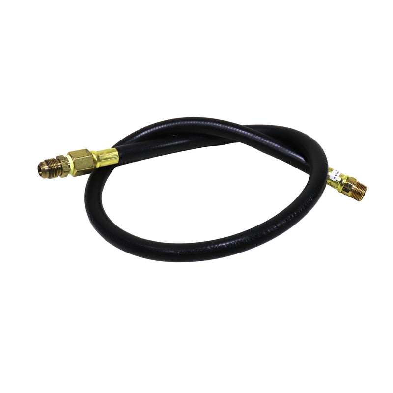 A black LP hose with metallic male fittings at both ends, designed for propane gas lines.