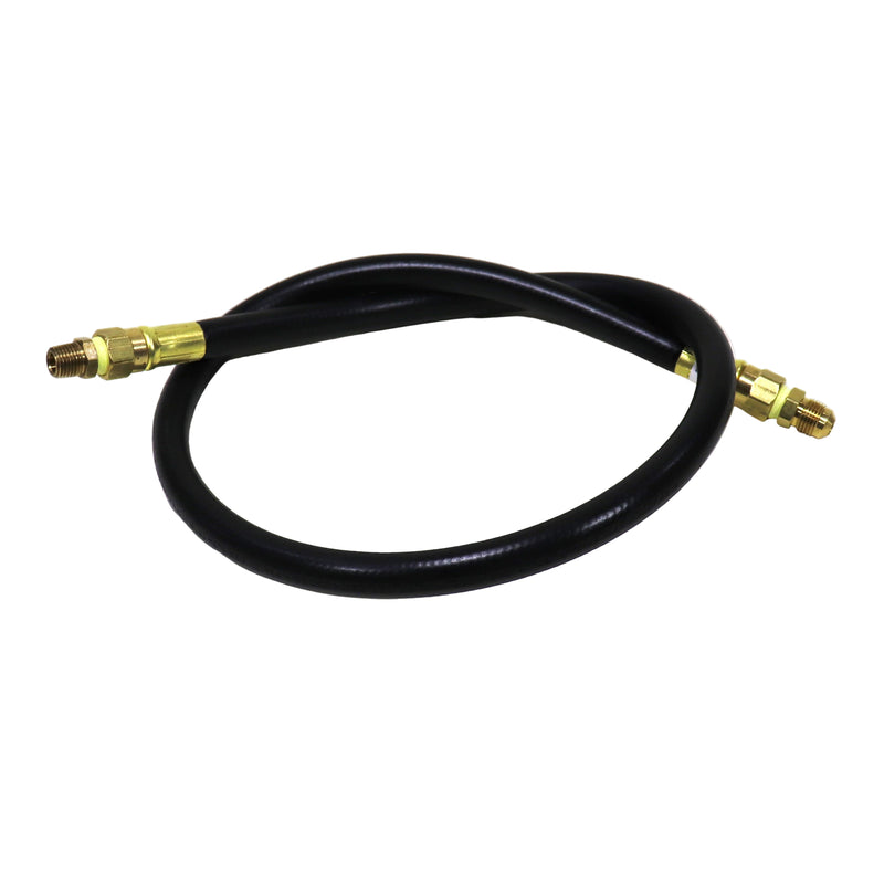 A black LP gas hose with metallic connectors at both ends.