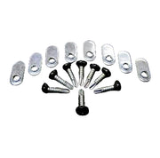 A set of metal brackets and screws, for tent canvas, laid out on a flat surface.