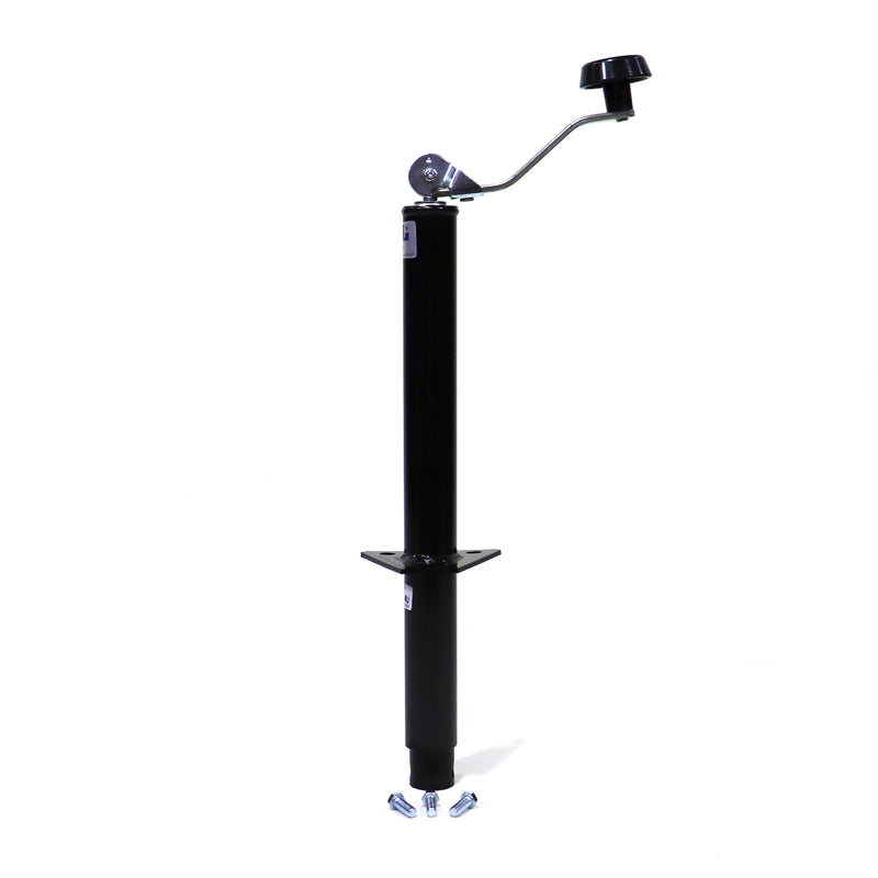 A black tongue jack with a top wind handle, designed for use with pop up campers. It is center mounted and made of metal.
