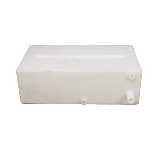 A white, rectangular fresh water tank with measurement markings and multiple connection points.