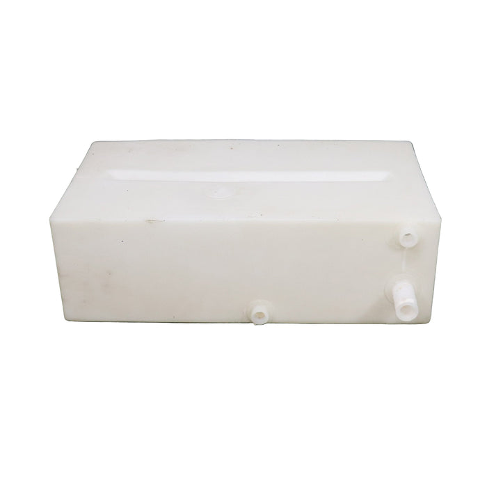 A white, rectangular fresh water tank with measurement markings and multiple connection points.