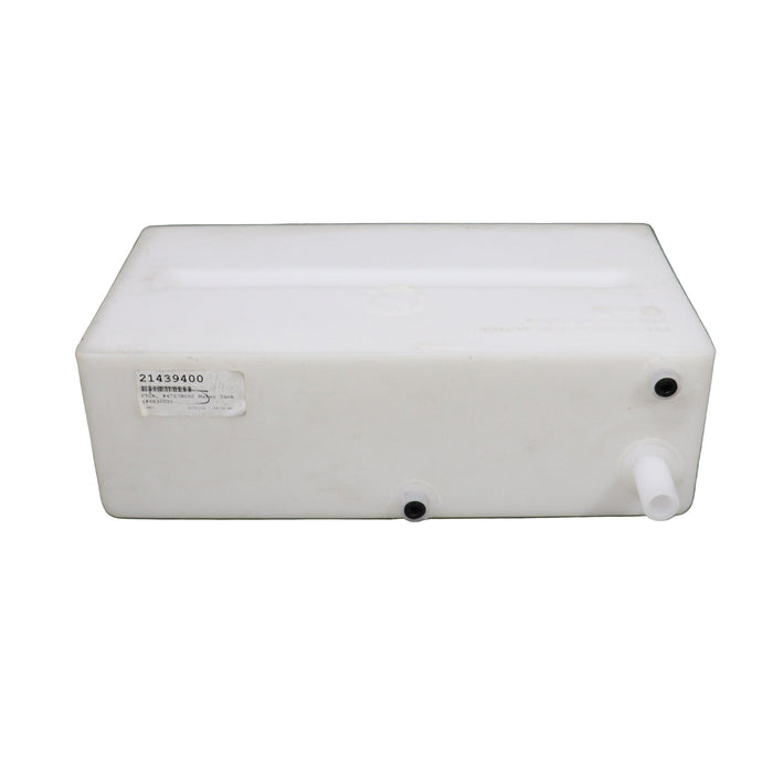 A white fresh water tank with a label on the side, viewed from an angle that shows the length and width of the tank.